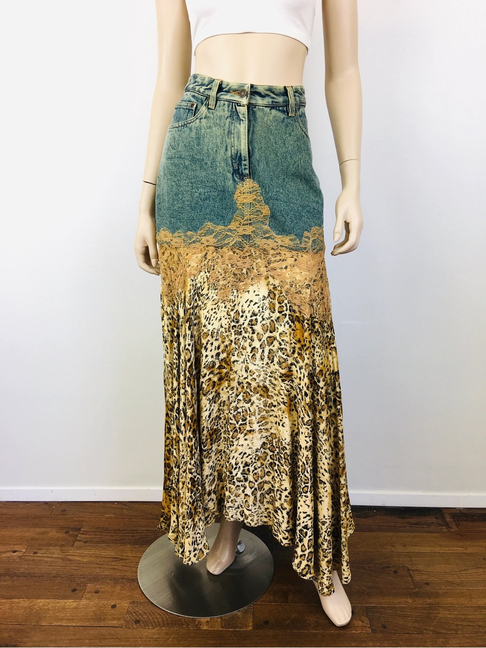 VTG Newport News Jeanology Denim Leopard Lace Maxi Skirt Size 2P Y2K Boho - Picture 3 of 7